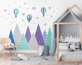 Góry balony naklejka ścienna zieleń niebiski purpura dekoracja pokój dziecka mural gwiazdy tapeta las sypialnia fototapeta chłopak