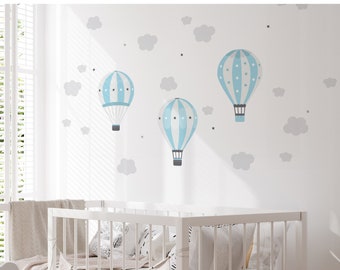 Wall Decal Hot Air Balloons, Blue kids room Decor, Natural Nursery Decor, Wall Sticker Balloon, Vinyl Peel and stick Wallpaper for boy