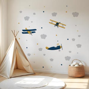 Adesivo da parete con aeroplano per cameretta dei bambini, decorazione naturale per la cameretta dei bambini, decorazione da parete con aviazione color ocra, carta da parati con aliante per bambini, carta da parati con aeroplano