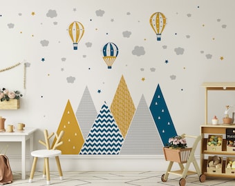 Mountains & Balloons Wall Decal Yellow Ocher Dark Blue Kids Room Decor Nursery Baby Boy Girl Wallpaper Child Wall Art Mural Peel and Stick