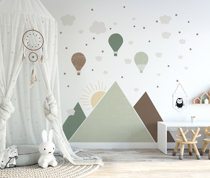 Autocollant mural montagnes et ballons, couleur naturelle, Beige, marron, vert, minimalisme, décoration murale pour chambre de bébé, vinyle facile à laver image 2