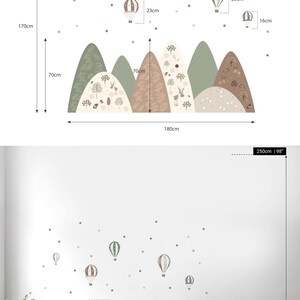 Mountains Wall Decal Green Brown Baby Room Natural Decor Balloon Nursery Sticker Girl Animal Wallpaper Dot Mural Child removable vinyl Art XXL | 170x180 cm
