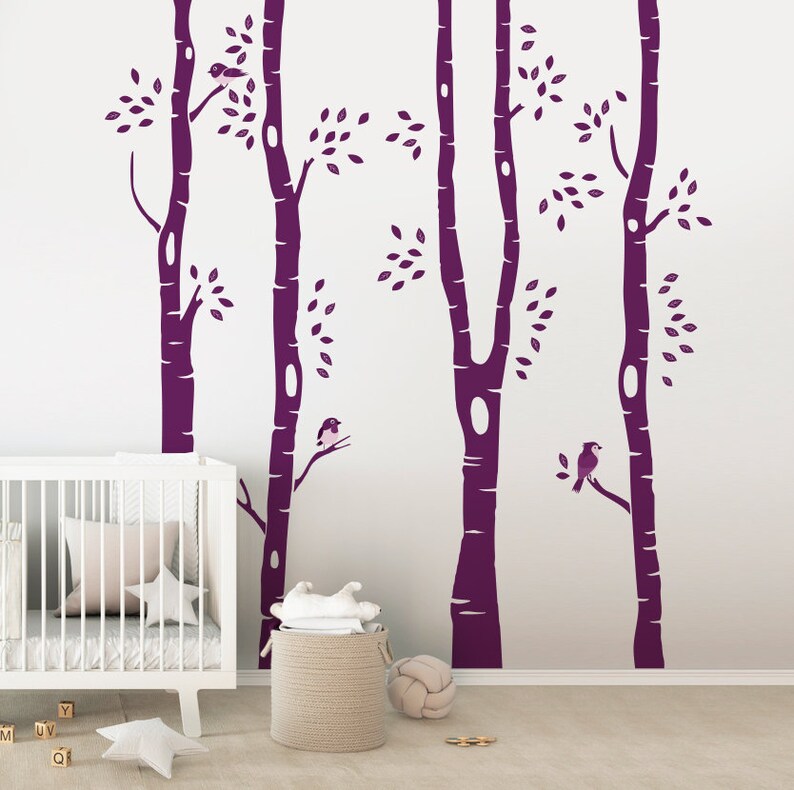 Birch Tree Wall Decal Birds Leaves Purple Baby Sticker Lilac Etsy
