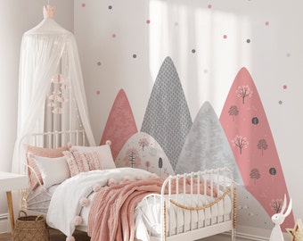 Wall Decal Mountains Kids room, Pink polka dots, Animals Wall Sticker, Green Nursery Decor, Woodland Wallpaper, vinyl peel and stick Mural