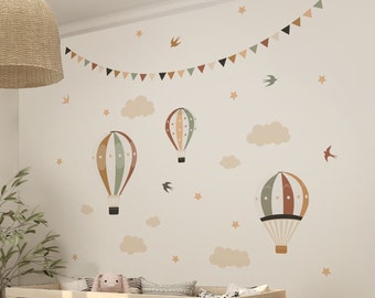 Autocollants muraux ballons vert ocre marron sépia étoiles oiseaux décorations de chambre de bébé papier peint boho guirlande murale fille garçon