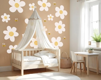 Large Wall Decals Daisies, Flowers Bees Wall Stickers for Kids Room, Nursery Decor