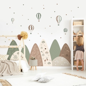 Adesivo da parete Montagne Verde Marrone Decorazione naturale Cameretta per bambini Carta da parati fotografica Ragazza Foresta Carta da parati Puntini Murale Vinile Animali