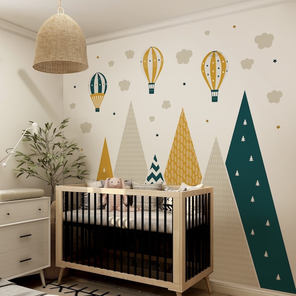 Berge & Luftballons Wandtattoo Gelb Ocker Dunkelgrüne Hügel Kinderzimmer Dekor Baby Star Junge Mädchen Tapete Kind Aufkleber Wolke Wandbild