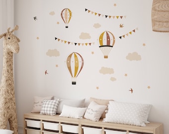 Hot Air Balloon Wall Stickers for Kid's room, Beige bunting banner, Birds Nursery wall decal, Removable vinyl peel and stick, Natural decor