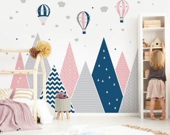 Mountains Wall Decal, Hot air Balloons Wall Sticker, Woodland Wallpaper, Pink Nursery Decor, Blue nursery decal, Vinyl Peel and Stick