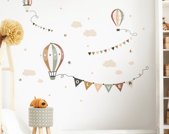 Hot Air Balloons Wall Stickers with Name, Baby Room Decal, Ochre Green Nursery Decor, Garland Chain Decorations, Custom Vinyl peel and stick