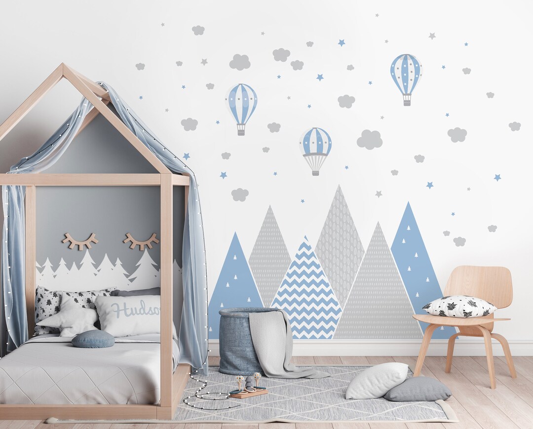 Mountains & Balloons Wall Decal Blue Grey Kids Room Decor Nursery Baby