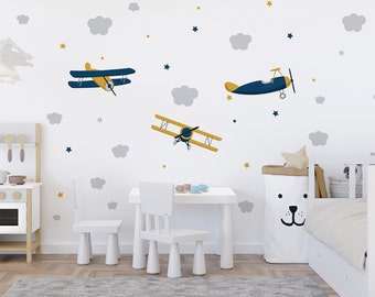 3 Planes Ocher Dark Blue Wall Decal, Stars, Clouds, Baby Sticker, Mustard WallDecal Decor, Nursery Room Art Wallpaper Mural Airplane