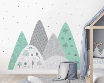 Mountain Wall Decal Mint Green Grey Baby Room Decor Forest Nursery Sticker Gift boy Boho Wallpaper Animal Child Bedroom Dot Mural Home Vinyl