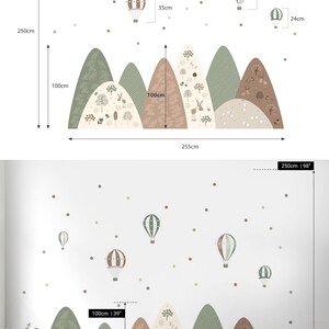 Mountains Wall Decal Green Brown Baby Room Natural Decor Balloon Nursery Sticker Girl Animal Wallpaper Dot Mural Child removable vinyl Art XXXL | 250x255 cm
