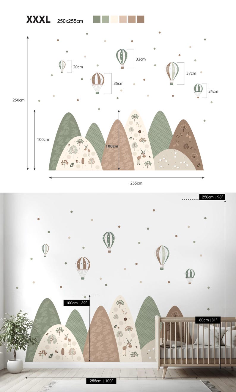 Mountains Wall Decal Green Brown Baby Room Natural Decor Balloon Nursery Sticker Girl Animal Wallpaper Dot Mural Child removable vinyl Art XXXL | 250x255 cm