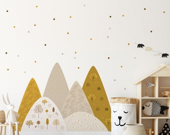 Mountains wall decal for kids room, Ochre Yellow Polka Dots, Sepia Forest nursery wallpaper, Natural baby bedroom decor, Animal Wall Sticker