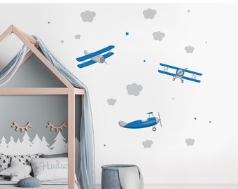 3 Airplanes Wall Decal Blue Grey Stars Cloud Baby Wall Sticker Plane Nursery Decor Xmas Gift Boy Room Wall Art Wallpaper Child Plane Mural