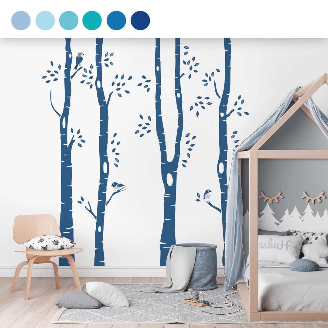 Wall Decal Birch Tree Birds Leaves Blue Baby Sticker, Kids Room Decor ...