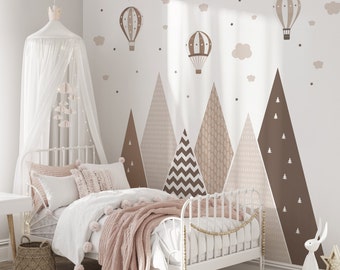 Mountains Wall Sticker Baby Room, Hot Air Balloon Decal, Forest Nursery Wallpaper, Natural Kid Room Decor, Gender Neutral, Peel and Stick