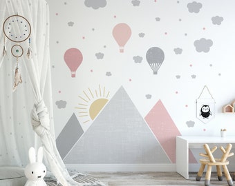 Autocollant mural de ballons de montagnes, tatouage mural de chambre de bébé rose, décor de pépinière pastel, chambre à coucher minimaliste, film adhésif amovible