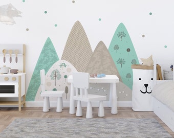 Autocollant Mural montagnes menthe Beige vert décoration chambre bébé à pois personnalisé Mural cadeau confettis garçon fille