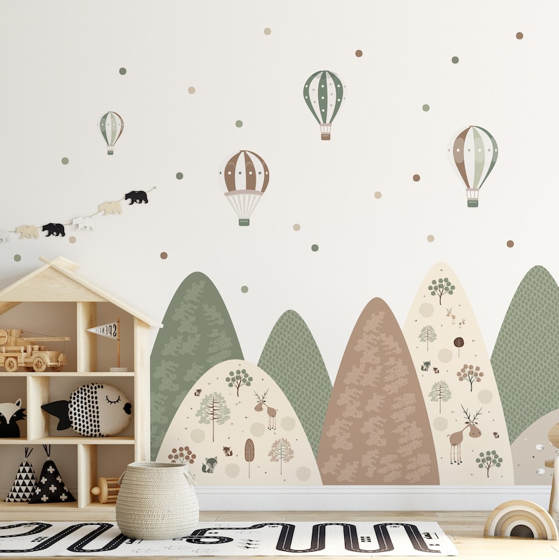 Góry Naklejka ścienna, Zieleń Brązowy Naturalna Dekoracja maluch, pokój dziecka fototapeta, dziewczyna Las Tapeta, Kropki Mural winyl Zwierzęta