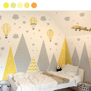 Adesivo da parete Montagne, Adesivo Palloncini Gialli per Cameretta Neonato, Decorazione Naturale per Bambini, Decorazione da Parete, Carta da Parati Montagne per Bambini, Carta da Parati Foresta