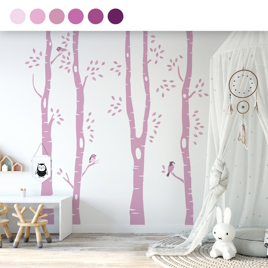Wall Decal Birch Tree Birds Leaves Purple Pink Baby Sticker Kids Room ...