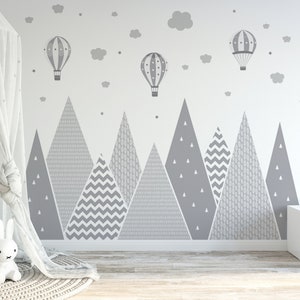 Mountains & Balloons Wall Decal Grey Hills Children's Room Decoration Baby Stars Boy Girl Hills Wallpaper Child Sticker Clouds Mural image 2