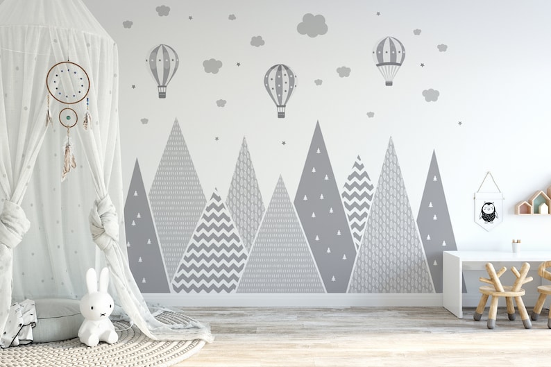 Mountains & Balloons Wall Decal Grey Hills Children's Room Decoration Baby Stars Boy Girl Hills Wallpaper Child Sticker Clouds Mural image 2