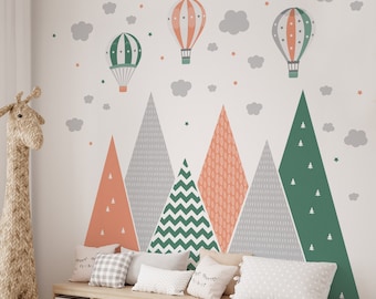 Mountains Wall Decal, Hot air Balloons Wall Sticker, Woodland Wallpaper, Green Nursery Decor, nature nursery decal, Vinyl Peel and Stick