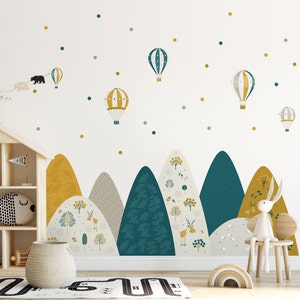 Mountains Wall Decal Ocher Yellow Green Baby Room Natural Decor Balloon Nursery Sticker Boy Animal Wallpaper Dot Cute Mural Child vinyl Art