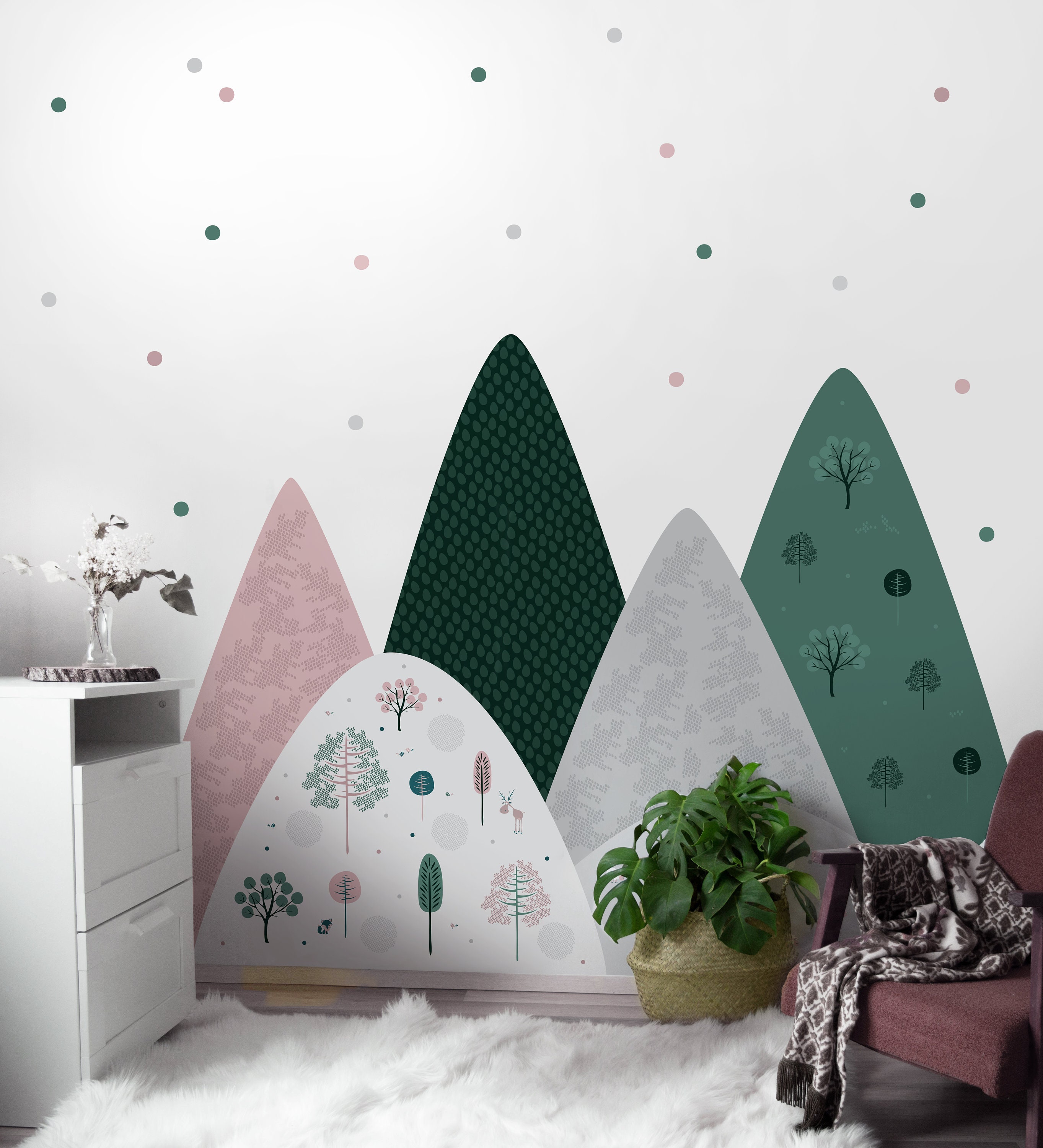 Mountains Wall Decal Pink Grey Green Hills Room Decor Baby Etsy