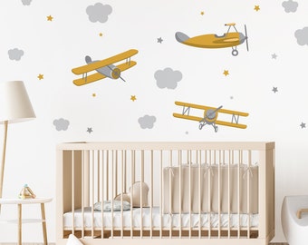 Plane Wall Sticker, Natural Nursery Decor, Yellow Ochre Baby Room Decal, Glider Wallpaper for Boy, Sky Vinyl Peel and Stick, Airplane Mural