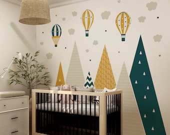 Mountains & Balloons Wall Decal - Yellow Ocher Dark Green Hills Children Room Decor Home Nursery Star Boy Girl Wallpaper Sticker Cloud Mural