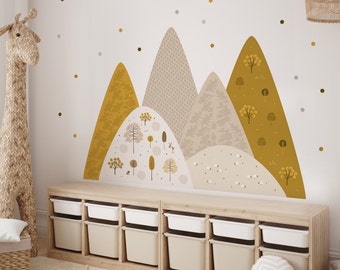 Mountains wall decal for kids room, Ochre Yellow Polka Dots, Sepia Forest nursery wallpaper, Natural baby bedroom decor, Animal Wall Sticker