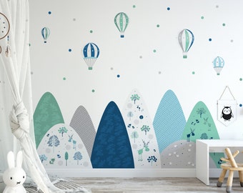 Mountain Wall Decal Blue Green balloon vinyl Cute animal Sticker Boho nursery decor Fantasy Wallpaper Boy peel and stick landscape polka dot