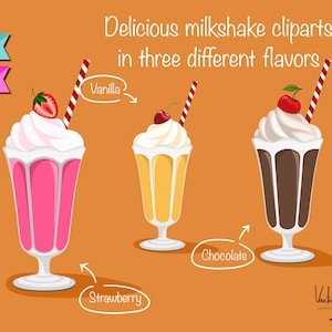 Pode incluir: Três ilustrações de desenhos animados de batidos em diferentes sabores: morango, baunilha e chocolate. Cada batido está em um copo alto com chantilly e uma cereja ou morango no topo. Os batidos estão sobre um fundo laranja claro com as palavras "Delicious milkshake cliparts in three different flavors" na parte superior.