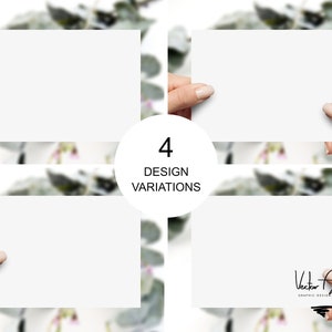 Puede incluir: Se muestran cuatro tarjetas rectangulares blancas, cada una sostenida por una mano. Las tarjetas est&aacute;n en blanco, con un fondo borroso de vegetaci&oacute;n. Un gr&aacute;fico circular en el centro dice "4 DESIGN VARIATIONS". Una tarjeta presenta una firma que dice "Vector Art Graphic Design Studio".