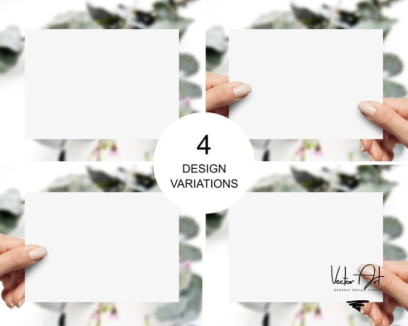Puede incluir: Se muestran cuatro tarjetas rectangulares blancas, cada una sostenida por una mano. Las tarjetas est&aacute;n en blanco, con un fondo borroso de vegetaci&oacute;n. Un gr&aacute;fico circular en el centro dice "4 DESIGN VARIATIONS". Una tarjeta presenta una firma que dice "Vector Art Graphic Design Studio".
