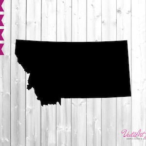 Puede incluir: Silueta negra del estado de Montana. El contorno del estado está recortado sobre un fondo de madera blanca.