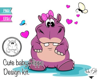 Hippo Clipart Set, Nursery, Hippopotamus clipart, Animal Clipart, illustration, EPS files, PNG files, Baby shower gift, Hippo PNG