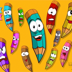 Matite Clipart, Clipart Funny, file digitale, file EPS, file PNG, divertente primo giorno, Clipart Pencil, Clipart insegnante, Clipart scuola