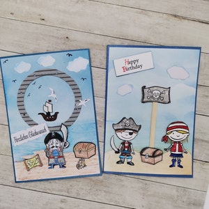 Glückwunschkarte zum Kindergeburtstag,Personalisierte Glückwunschkarte zum Geburtstag,Kindergeburtstag Junge Mädchen,Piraten, Schatzkiste