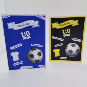 Karte/Geburtstag/Fußballfans/Fußball/Glückwunschkarte/schwarz-gelb/blau-weiß