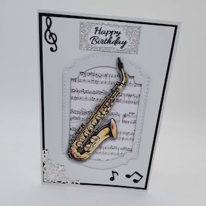 Geburtstagskarte,Glückwunschkarte ,Happy Birthday,Musik,Saxophone ,Gitarre mit Notenblatt
