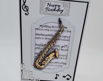 Birthday card, greeting card, Happy Birthday, music, saxophone, guitar with sheet music