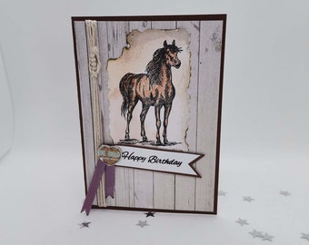 Greeting card, congratulations, birthday greetings, horse, brown horse, voucher for riding lessons, gift of money, mare, happy birthday