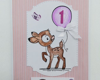 Glückwunschkarte zum Kindergeburtstag,Personalisierte Glückwunschkarte zum Geburtstag,Kindergeburtstag,Eins,Giraffe, Pferd, Rehkitz,Hase